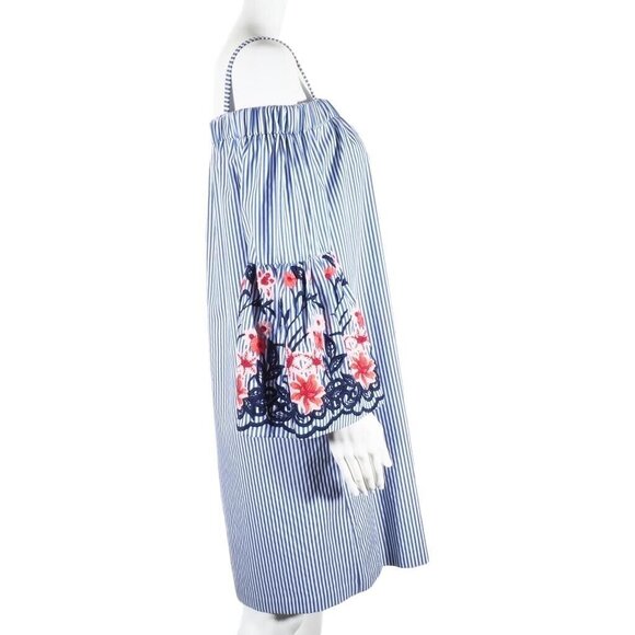 J Howard Dress Size 14 Striped Embroidered Bell Sleeve Blue White Red Beachy - Picture 6 of 9